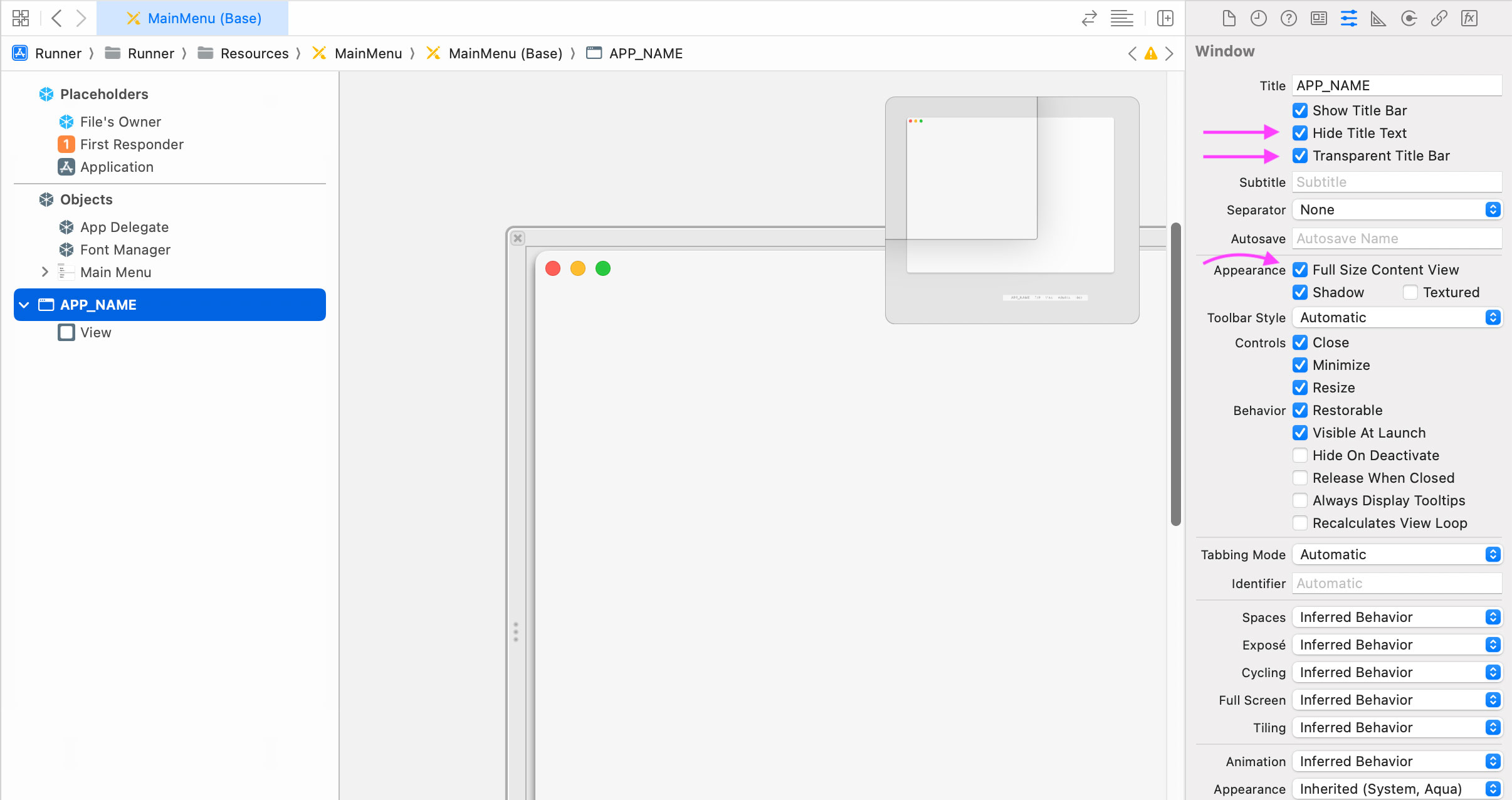 Xcode settings to hide title text
