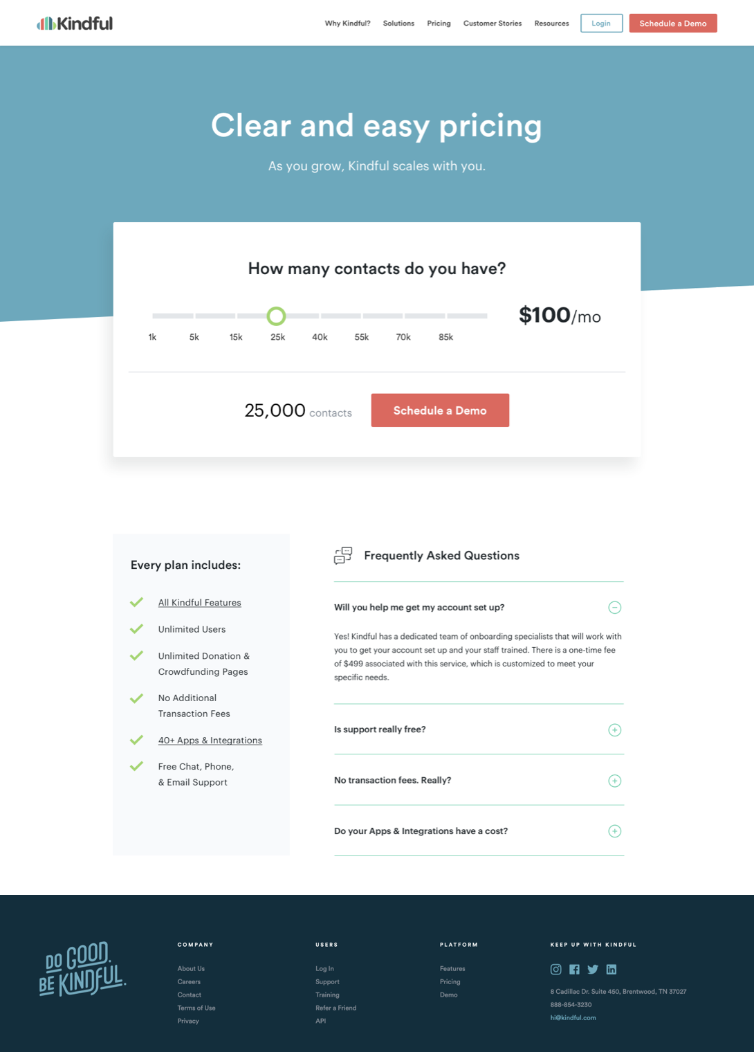 Kindful pricing page design